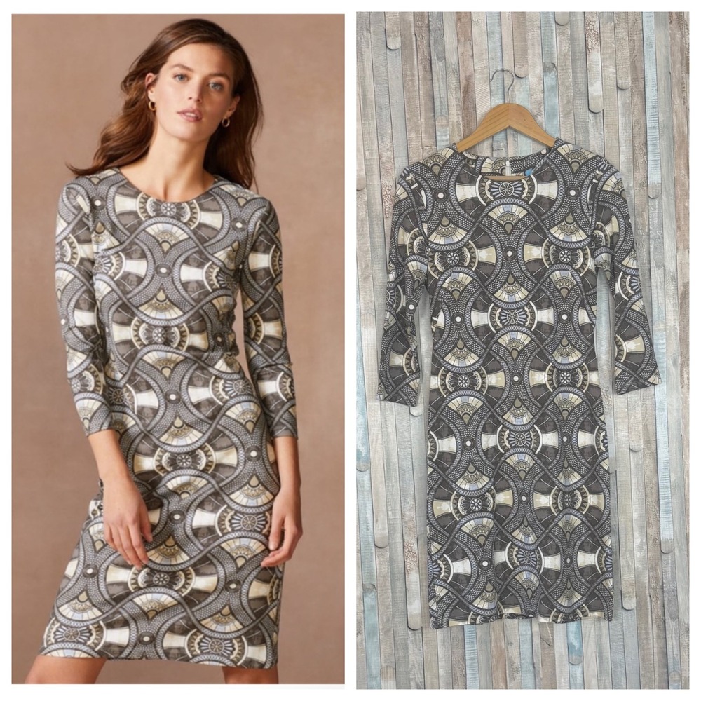 J McLaughlin XS Devon Sheath Midi Dress Geometric Medallion 3/4 Sleeve Preppy